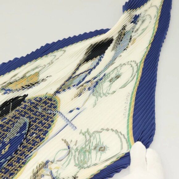 HERMES Pleated Scarf ""LES VOITURES A TRANSFORMATION"" Silk Blue Auth - Picture 2 of 16